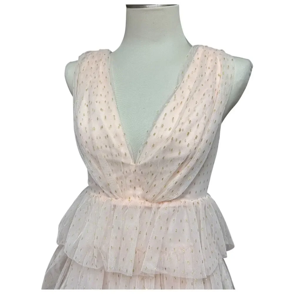 Lulus Forever Sparkling Sleeveless Plunge Tiered Mini Dress Pink Gold Small
